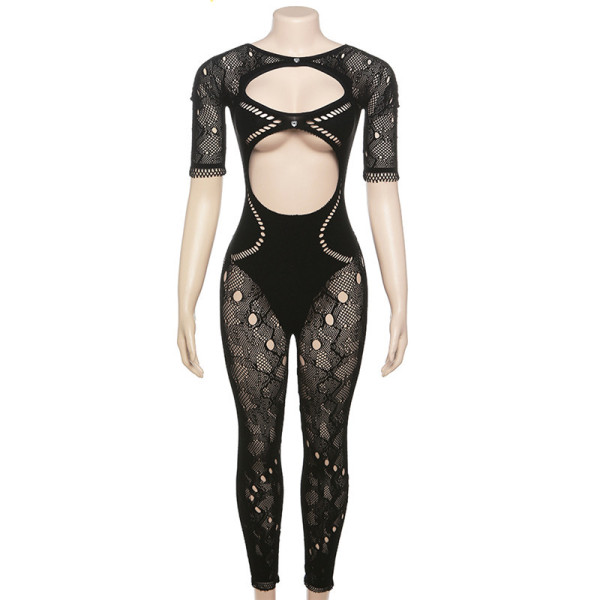Sexy Hollow Knitted Hook Flower High Waist Tight jumpsuit