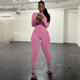 Slim fit long sleeved woolen knit back drawstring jumpsuit