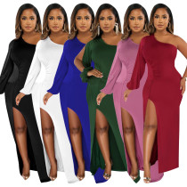 Women's One Shoulder Lantern Sleeves Slim Fit Sexy Split Dress