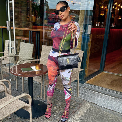 Butterfly printed long sleeved top and pants tight casual suit