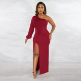 Women's One Shoulder Lantern Sleeves Slim Fit Sexy Split Dress