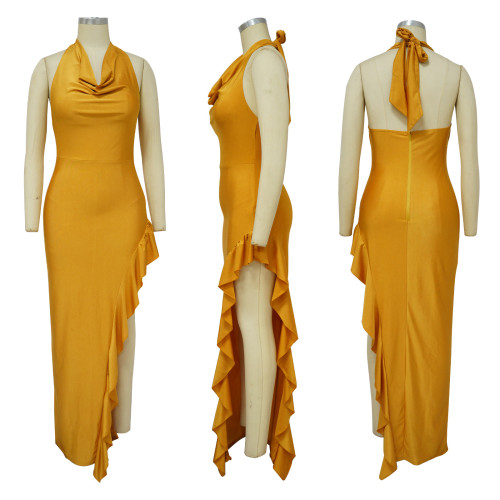 Swinging collar hanging neck dress sexy backless ruffled edge dress