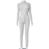 Slim fit long sleeved woolen knit back drawstring jumpsuit