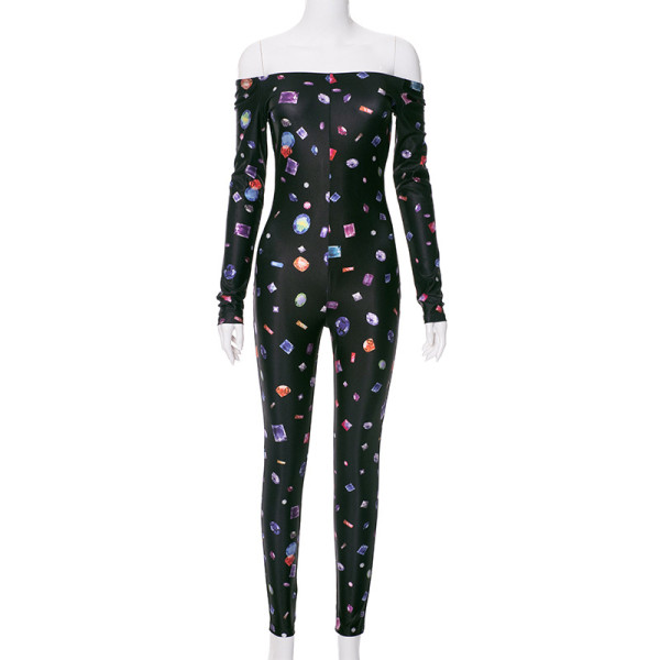 Printed one shoulder long sleeved jumpsuit pants