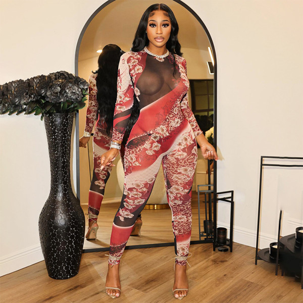 Shang printed long sleeved tight sports jumpsuit