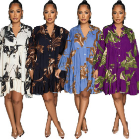 Colored printed V-neck long sleeved large hem half length dress