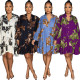 Colored printed V-neck long sleeved large hem half length dress