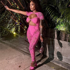 Sexy Hollow Knitted Hook Flower High Waist Tight jumpsuit