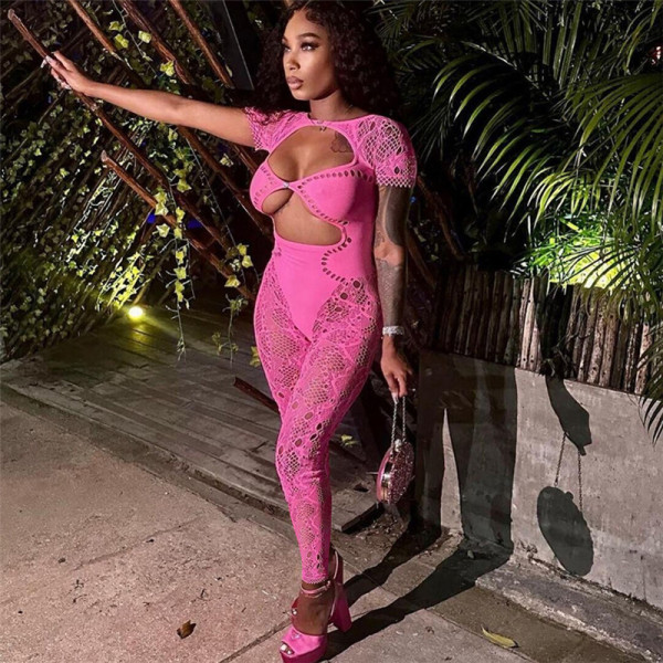 Sexy Hollow Knitted Hook Flower High Waist Tight jumpsuit