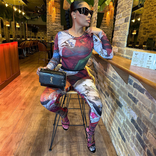 Butterfly printed long sleeved top and pants tight casual suit