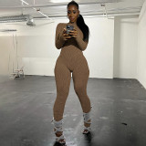 Slim fit long sleeved woolen knit back drawstring jumpsuit