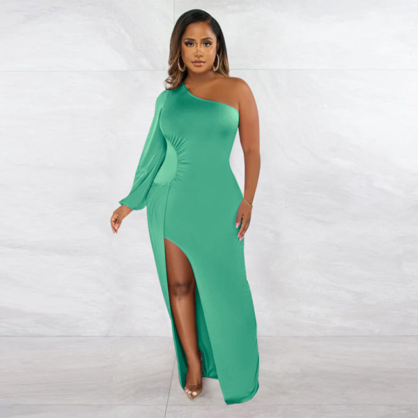 Women's One Shoulder Lantern Sleeves Slim Fit Sexy Split Dress