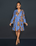 Colored printed V-neck long sleeved large hem half length dress