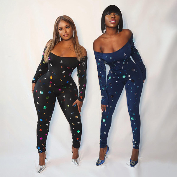 Printed one shoulder long sleeved jumpsuit pants