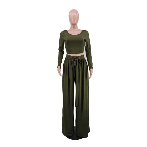 Solid color long sleeved autumn/winter fashionable wide leg women's two-piece set