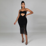Suspended sleeveless navel exposed tassel wrapped buttocks zippered long skirt A-line skirt