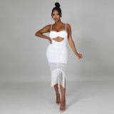 Suspended sleeveless navel exposed tassel wrapped buttocks zippered long skirt A-line skirt