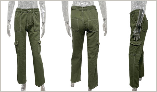 Spliced straight leg multi pocket workwear pants