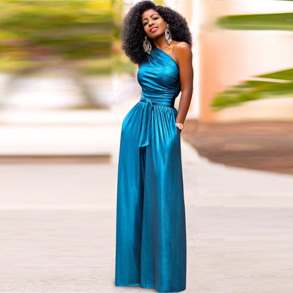 Sleeveless diagonal collar high waisted slim fit wide leg jumpsuit