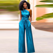 Sleeveless diagonal collar high waisted slim fit wide leg jumpsuit