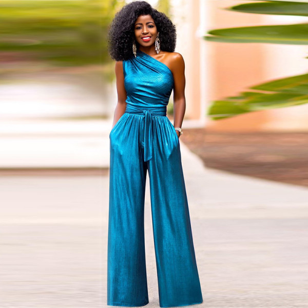 Sleeveless diagonal collar high waisted slim fit wide leg jumpsuit