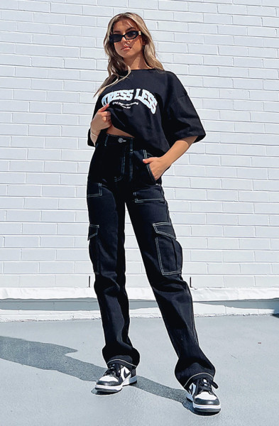 Spliced straight leg multi pocket workwear pants