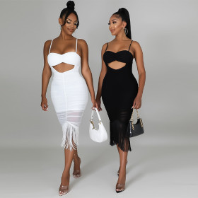 Suspended sleeveless navel exposed tassel wrapped buttocks zippered long skirt A-line skirt