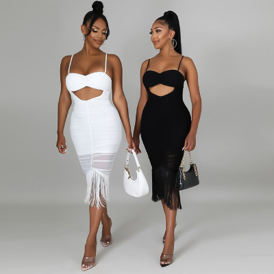 Suspended sleeveless navel exposed tassel wrapped buttocks zippered long skirt A-line skirt