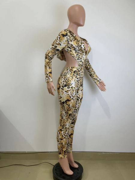 Sexy leopard print open back hooded jumpsuit