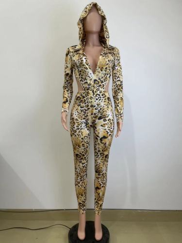 Sexy leopard print open back hooded jumpsuit