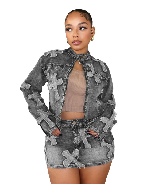 Cowboy embroidered short skirt jacket set