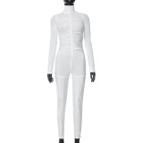 Pleated backless long sleeved tight jumpsuit