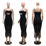 Suspended sleeveless navel exposed tassel wrapped buttocks zippered long skirt A-line skirt