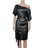 Solid color PU leather diagonal shoulder leather dress