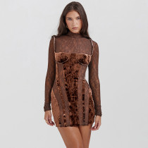 Lace long sleeved hollow out contrasting color slim fit dress Lace long sleeved hollow out contrasting color slim fit dress