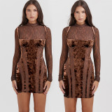 Lace long sleeved hollow out contrasting color slim fit dress