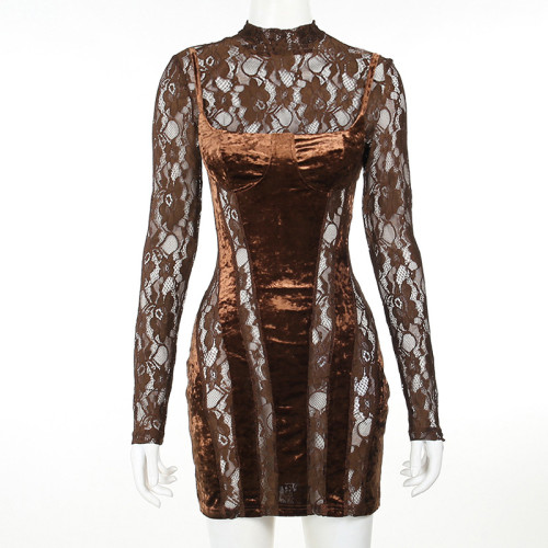 Lace long sleeved hollow out contrasting color slim fit dress