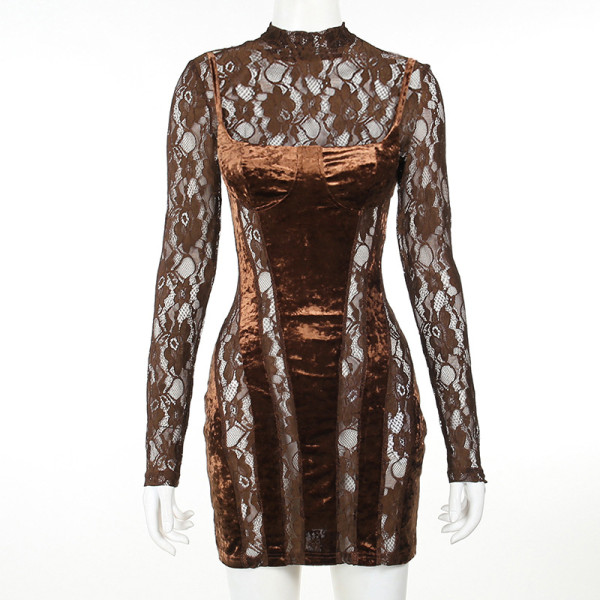 Lace long sleeved hollow out contrasting color slim fit dress