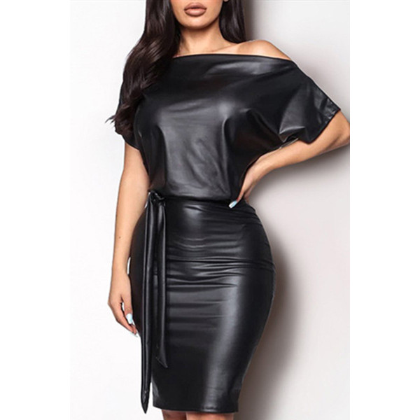 Solid color PU leather diagonal shoulder leather dress