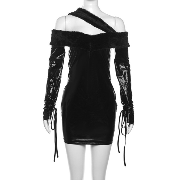 One line neck long sleeved slim fit PU dress with buttocks