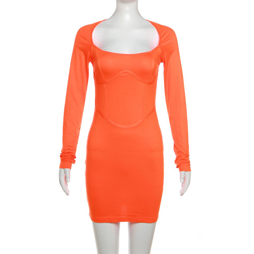 Long sleeved sexy square neckline low cut slim fit wrap hip dress
