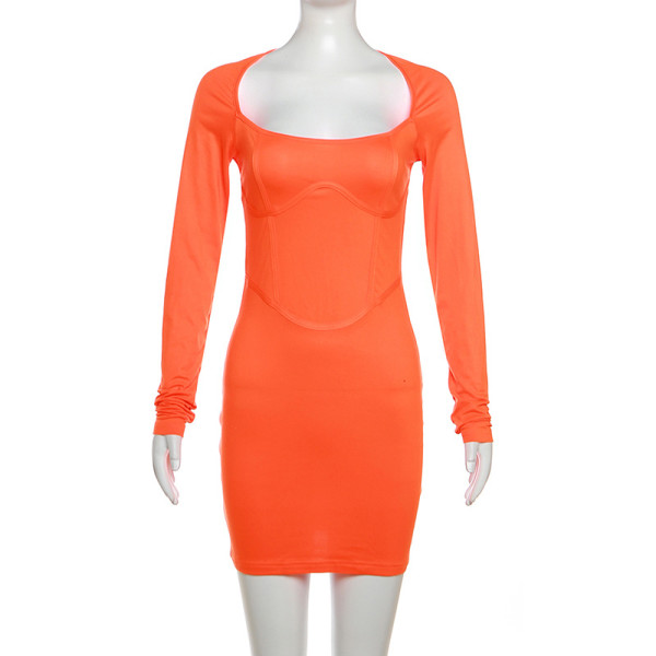 Long sleeved sexy square neckline low cut slim fit wrap hip dress