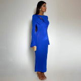 Long sleeved round neck patchwork pleated horn long sleeved buttocks wrapped slim fit long skirt