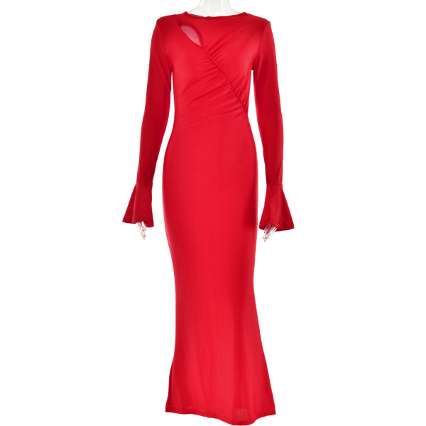Long sleeved round neck patchwork pleated horn long sleeved buttocks wrapped slim fit long skirt