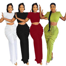 Sexy women's short sleeved pleated open waist long skirt set