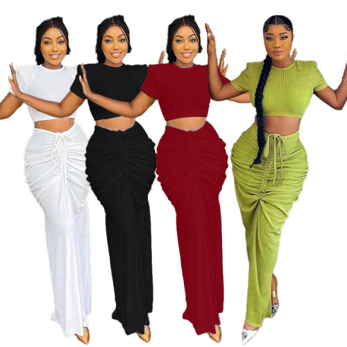 Sexy women's short sleeved pleated open waist long skirt set