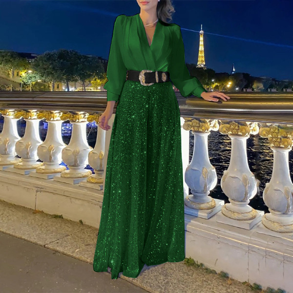 V-neck long sleeved shirt exudes an elegant and slim waist, with sequin wide leg pants
