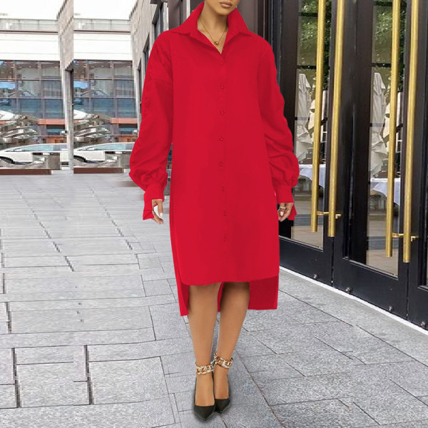 Long sleeved lapel pleated loose oversized shirt long dress