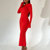 Long sleeved round neck patchwork pleated horn long sleeved buttocks wrapped slim fit long skirt
