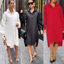 Long sleeved lapel pleated loose oversized shirt long dress Long sleeved lapel pleated loose oversized shirt long dress